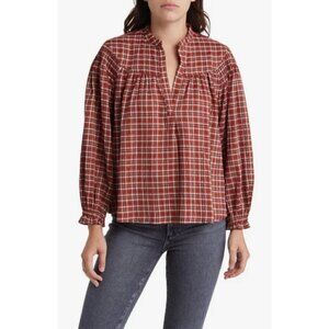 TREASURE & BOND Smocked Shoulder Popover Blouse ~ Rust Brown Tailor Plaid M NWT